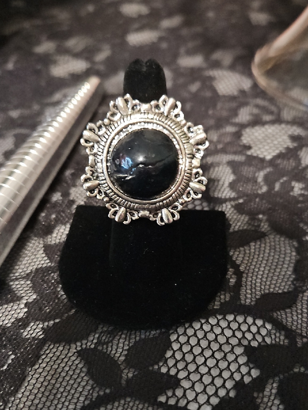 Vintage-Style Black Stone Silver Ring Adjustable